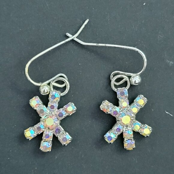 Ab Rhinestone Snowflake Earrings, Silver Plated and Crystals Dangle - Picture 1 of 5